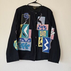 VTG Allure Women's Sz XL Art‎ To Wear Black Cardigan Jacket Colorful Patchwork
